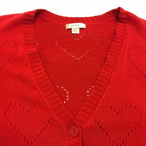 ❤C&B long sleeve v-neck buttonup red cardigan with perforated heart pattern (2X) - Picture 7 of 16
